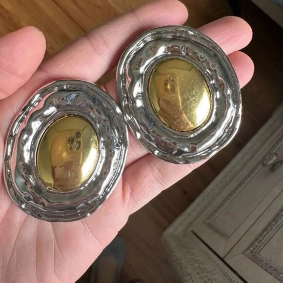 Silver Gold Button Oval Earrings - Picture 4 of 5